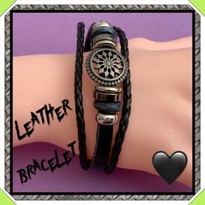 THREE STRAND BLACK LEATHER & SILVER BRACELET